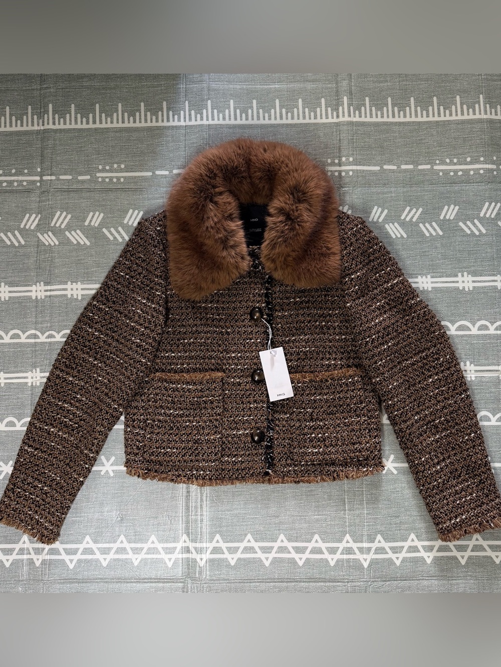 Mango Women’s Brown Tweed Jacket with Fur Collar
